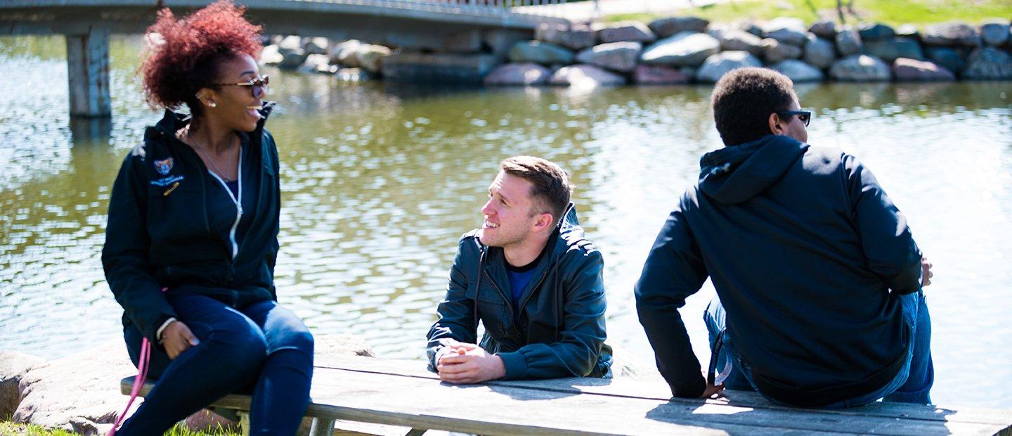 三个学生坐在韦德体育app官网贝尔湖前的野餐桌上.