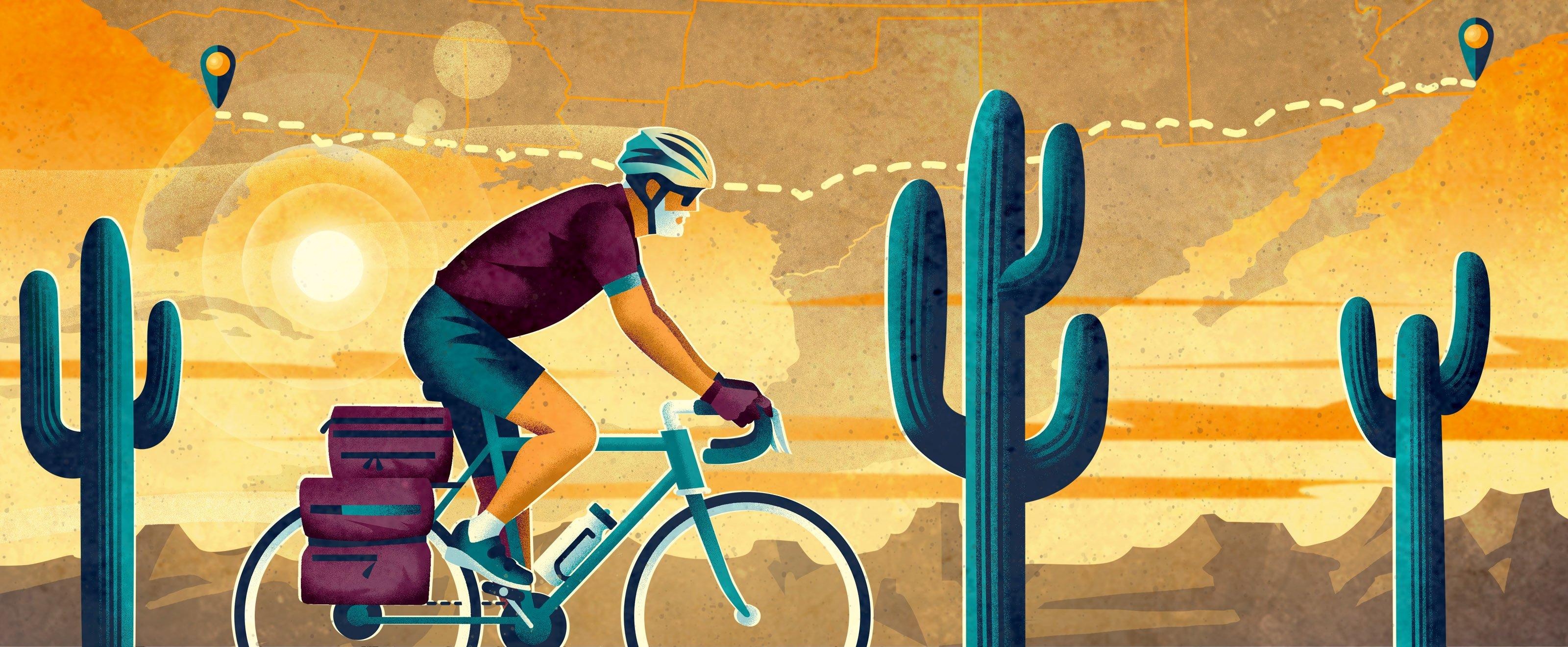 一个人骑着自行车穿过沙漠的插图